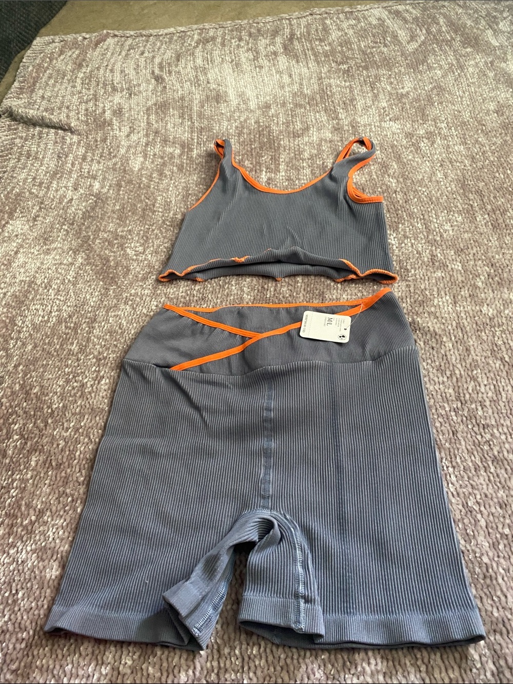 Free People Gray Ribbed Bike Shorts & Crop Tank with Orange Trim
